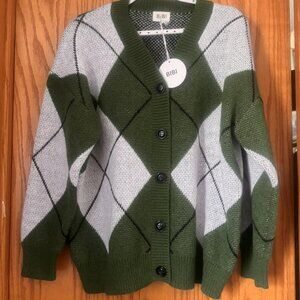 BIBI large green ARGYLE knit sweater cardigan SAMPLE piece very rare